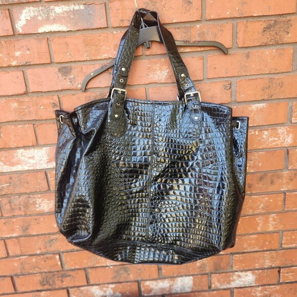 Large Black Faux Crocodile Tote Bag Multiple Compartments 17" L x 7" D x 15" H - Picture 1 of 9